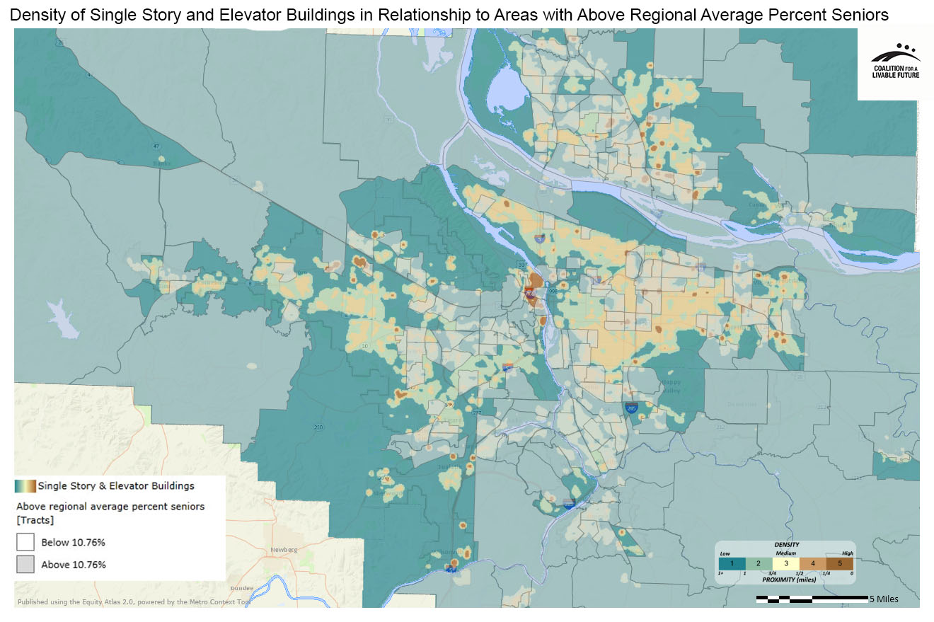 Density of Single Story Housing and Elevator Buildings in Relationship to Areas with Above Regional Average Percent Seniors (Ages 65+)